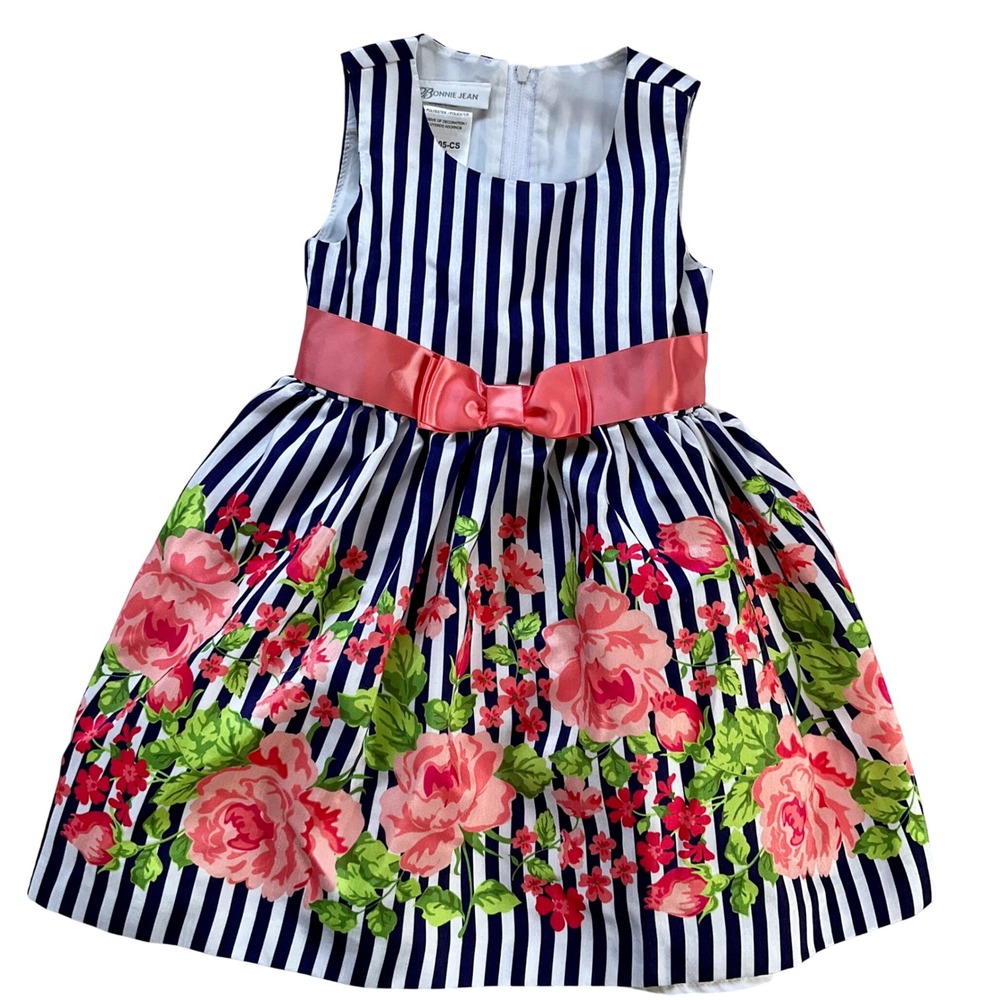 Bonnie Jean Girls 2T Navy White Striped Pink Floral Satin Bow Party Summer Dress